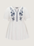 Cotton Floral Embroidered Notched Collar Blouse