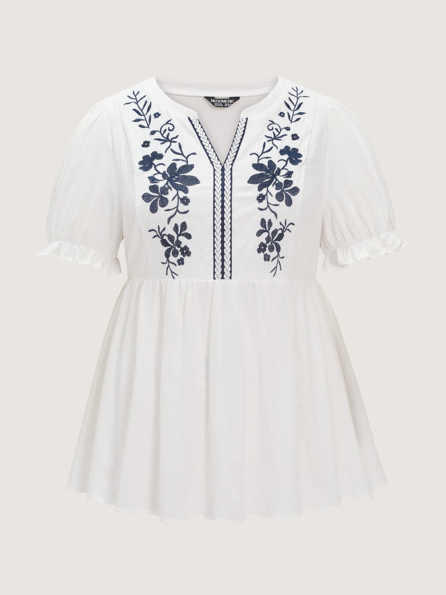 Cotton Floral Embroidered Notched Collar Blouse
