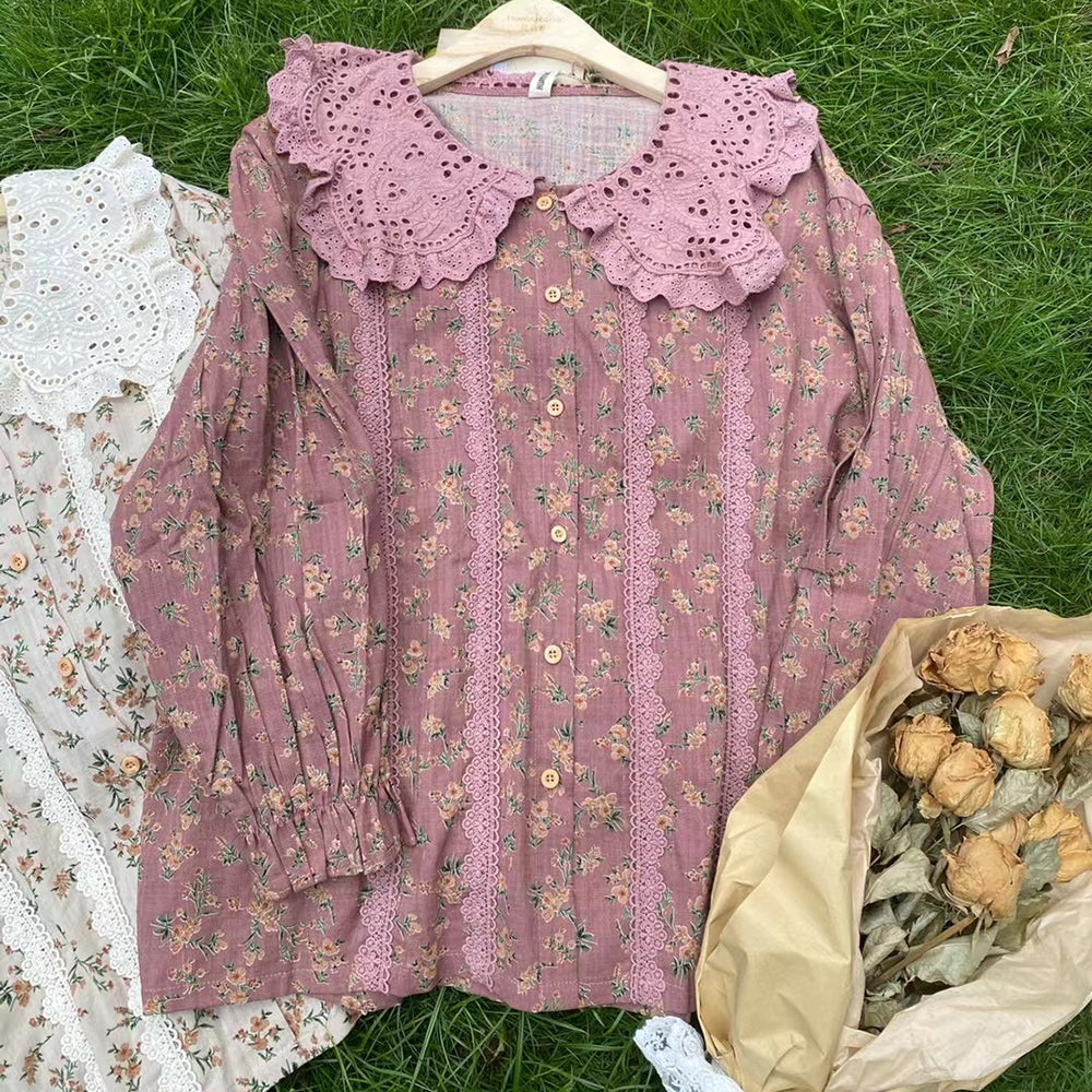 Eyelet Lace Collar Floral Shirt