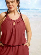 Solid Keyhole Elastic Waist Gathered One Piece Swimsuit