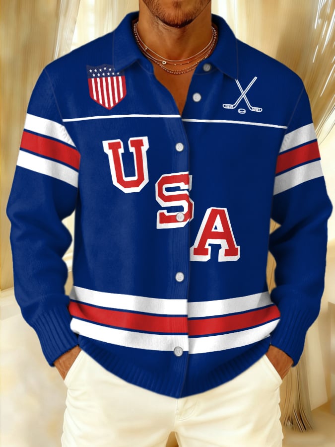 Retro Men's Usa Ice Hockey Print Knitted Tops