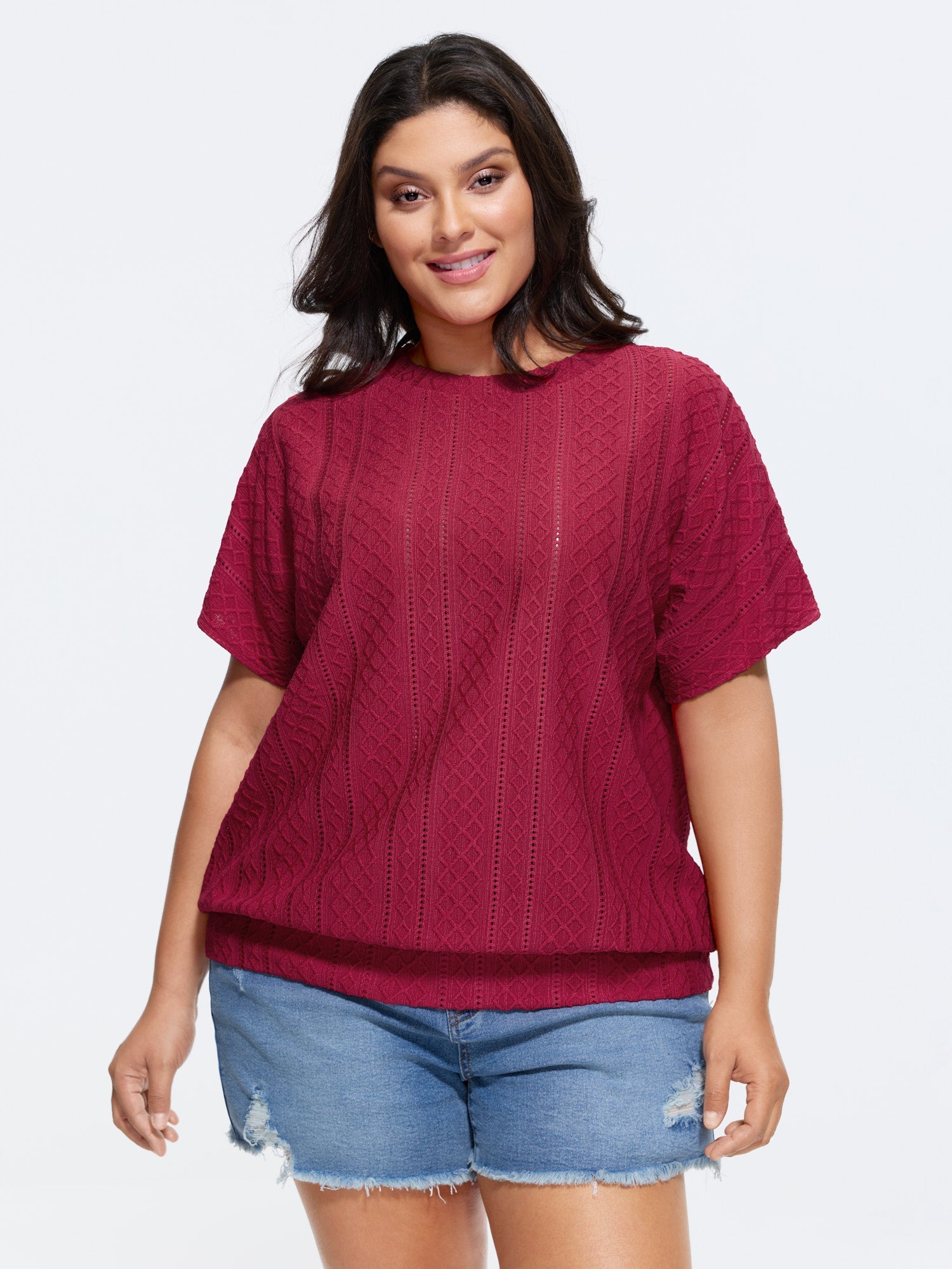 Eyelet Trim Stretchy Textured Plain Top