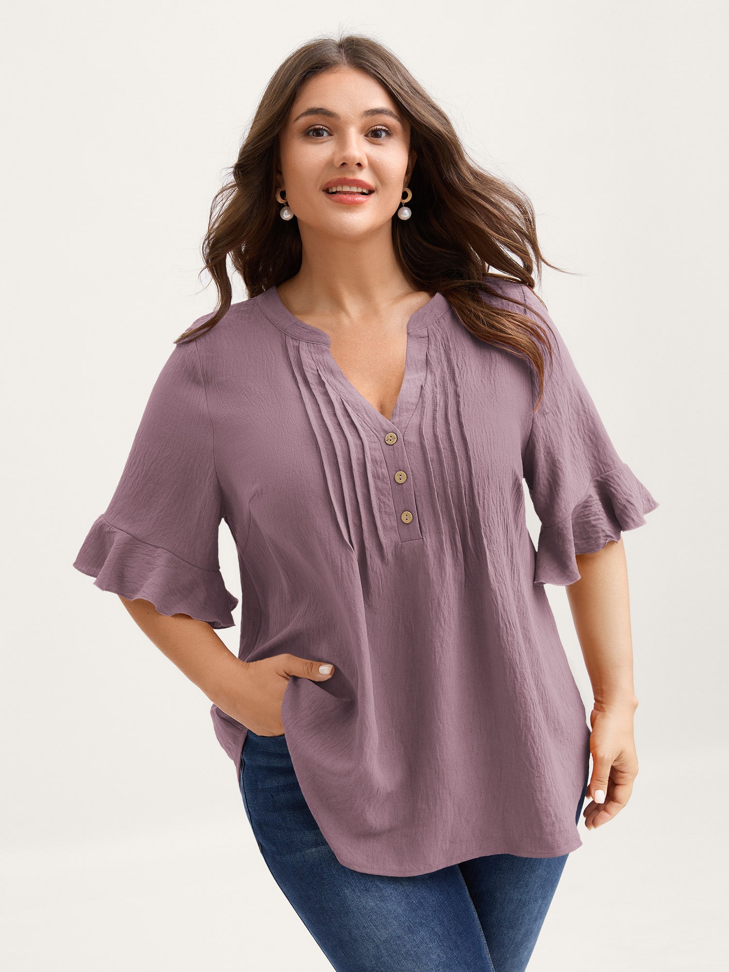 Toothpick Pleats Ruffled Sleeve Solid Blouse