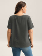 Solid Split Neck Button Detail T-Shirt