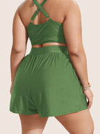 High Waisted Pockets Solid Pleated Swim Shorts