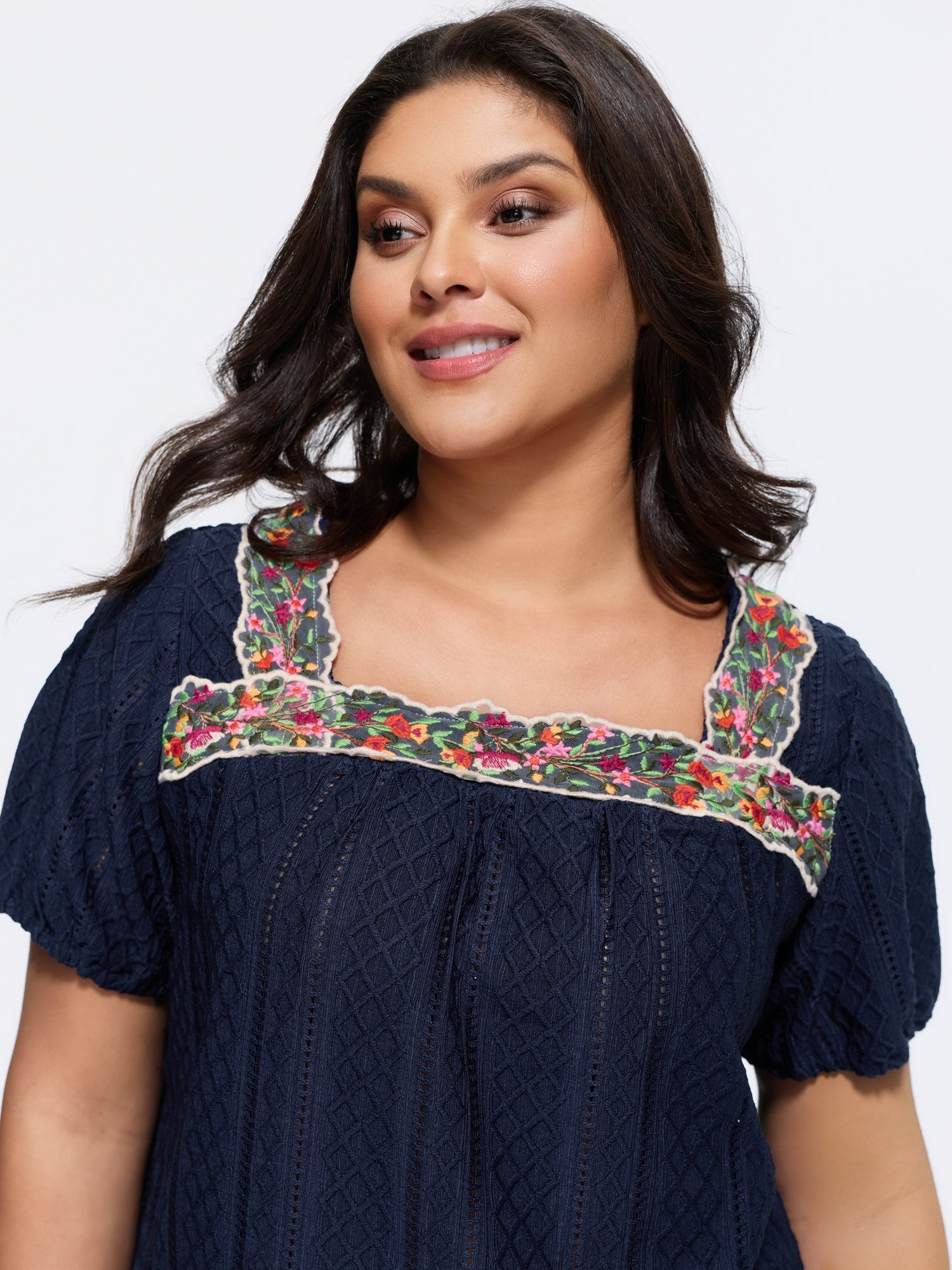 Eyelet Trim Floral Embroidered Solid T-Shirt