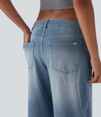 FlexTM Asymmetric Low Rise Zipper Pockets Baggy Wide Leg Washed Casual Jeans