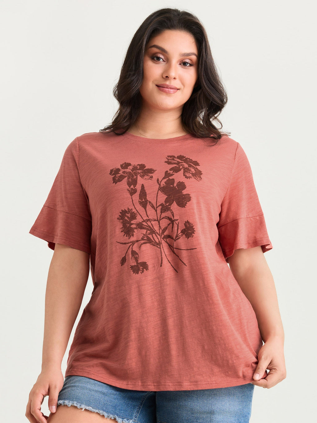 Cotton Floral Print Round Neck T-Shirt