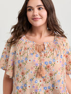 Sweet Floral Print Shirred Drawstring Neckline Top