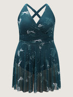 Ocean Pattern Mesh Surplice Swim Dress