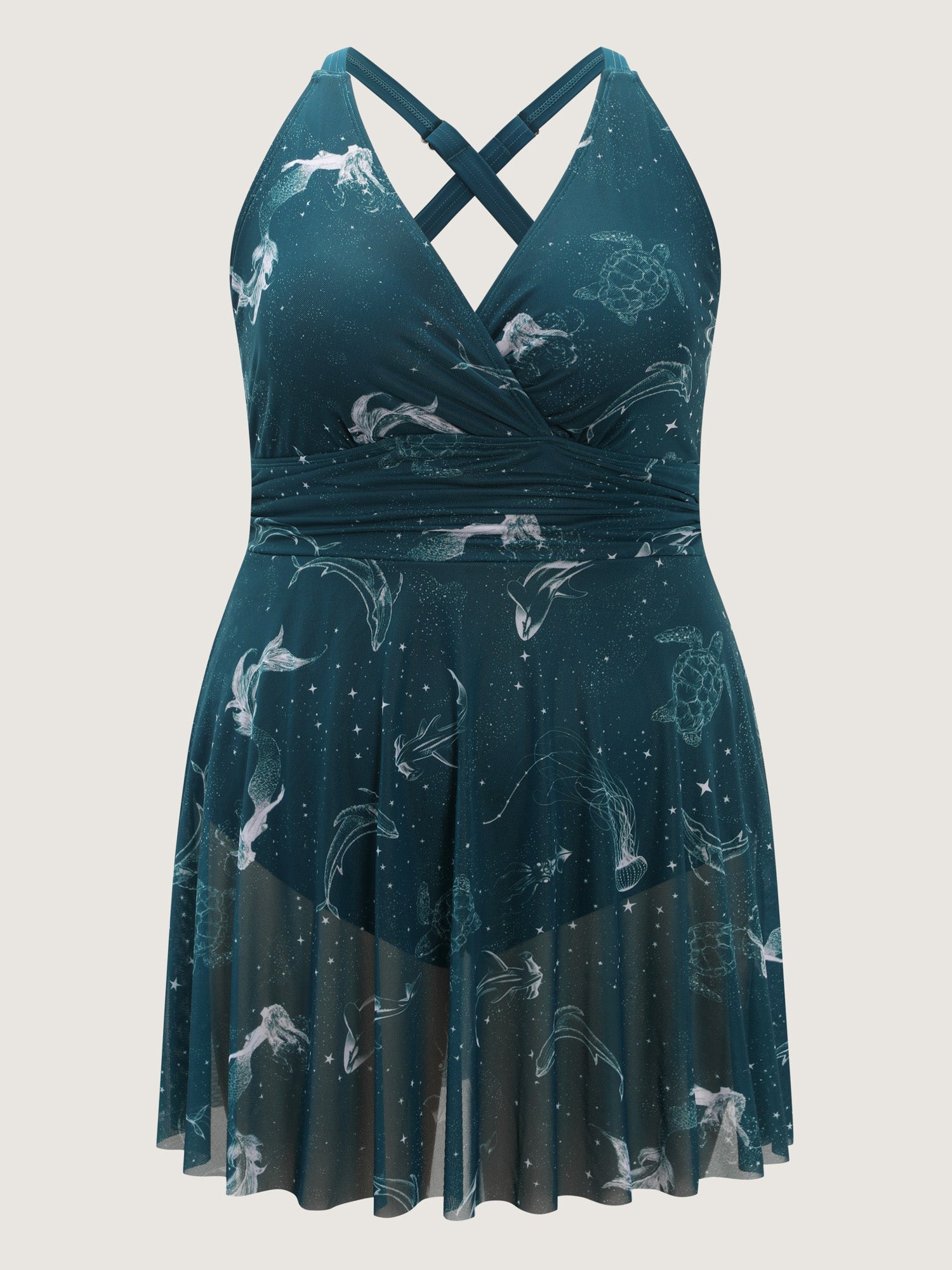 Ocean Pattern Mesh Surplice Swim Dress