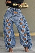 Women's Heart-Shaped Hollow-Out Tassel Heavy-Duty Jeans