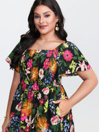 Floral Shirred Square Neck Pocket Midi Dress