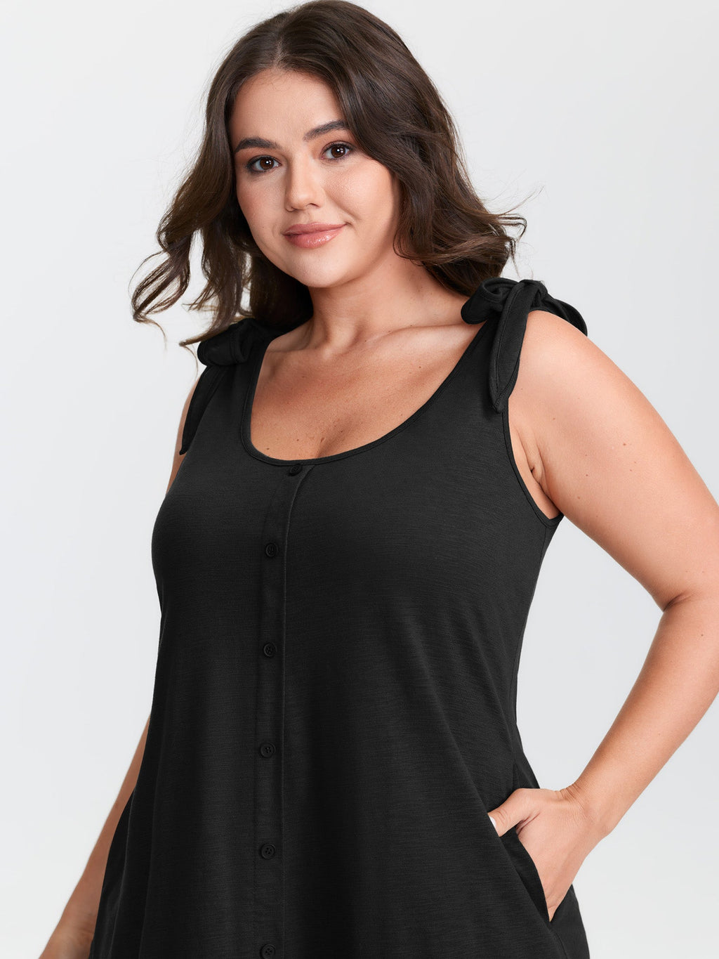 Ruffle Hem Tie Shoulder Pockets Sleeveless Dress