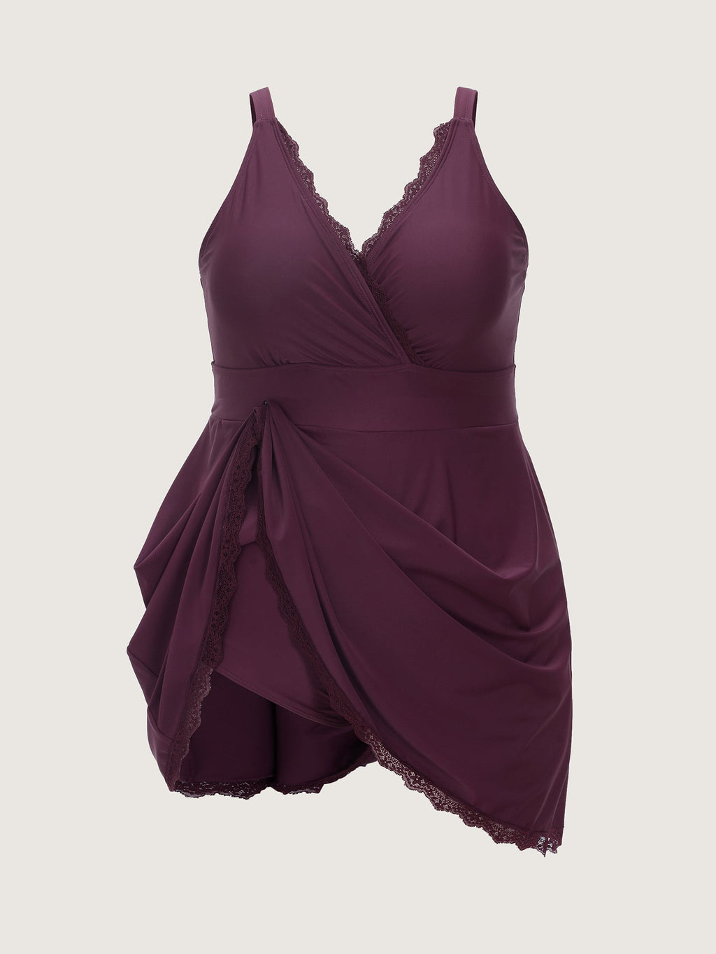 Sheer Lace Neckline Pockets Swim Dress