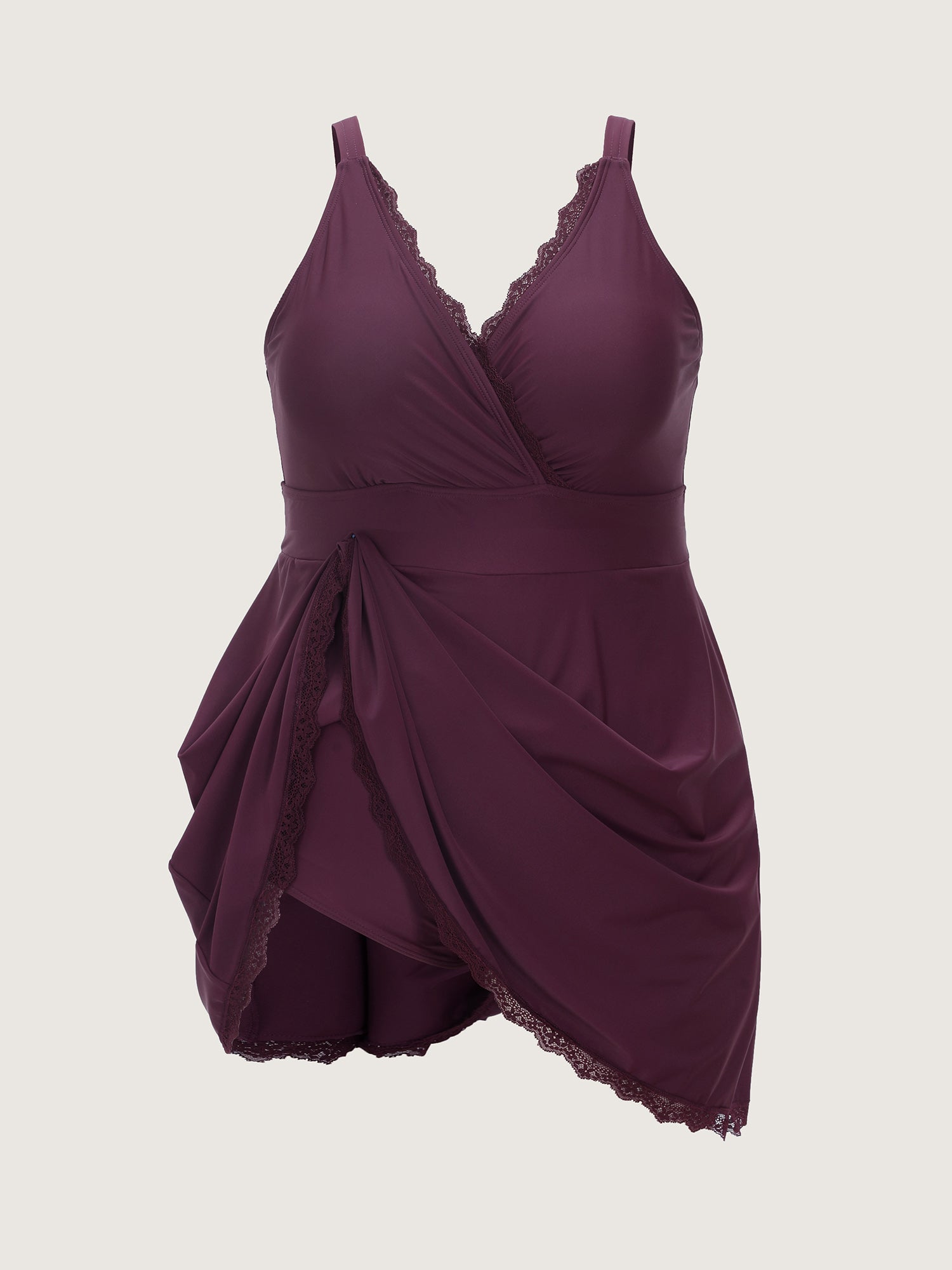 Sheer Lace Neckline Pockets Swim Dress