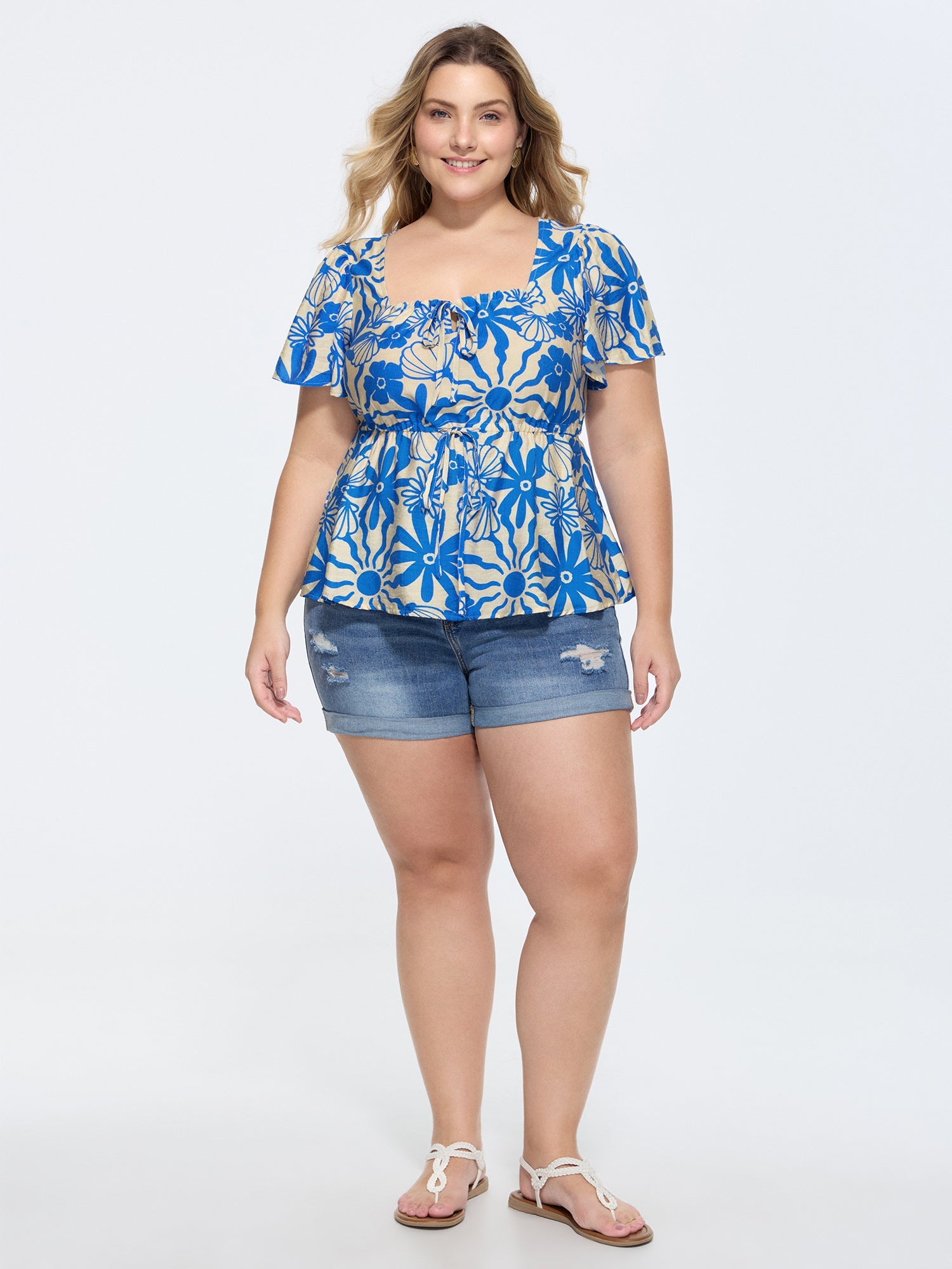 Floral Print Square Neckline Fitted Blouse