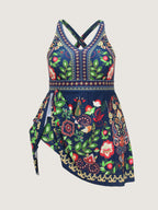 Tropical Floral Print Pockets Swim Dress