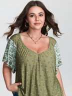 Supersoft Floral Print Flared Sleeve Pleated Knit Top