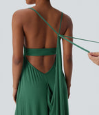 Ribbed Tie Back Ruched Maxi Slip Dress with Pockets