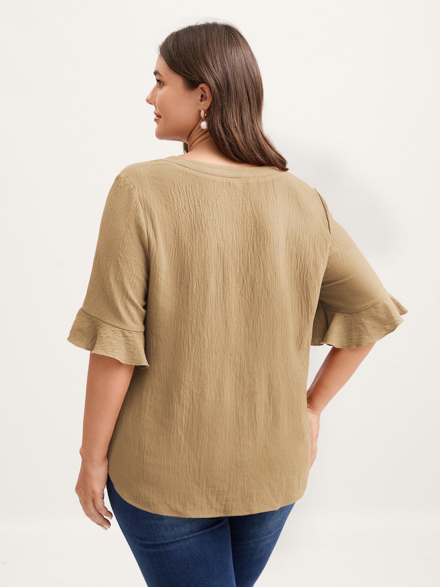 Toothpick Pleats Ruffled Sleeve Solid Blouse