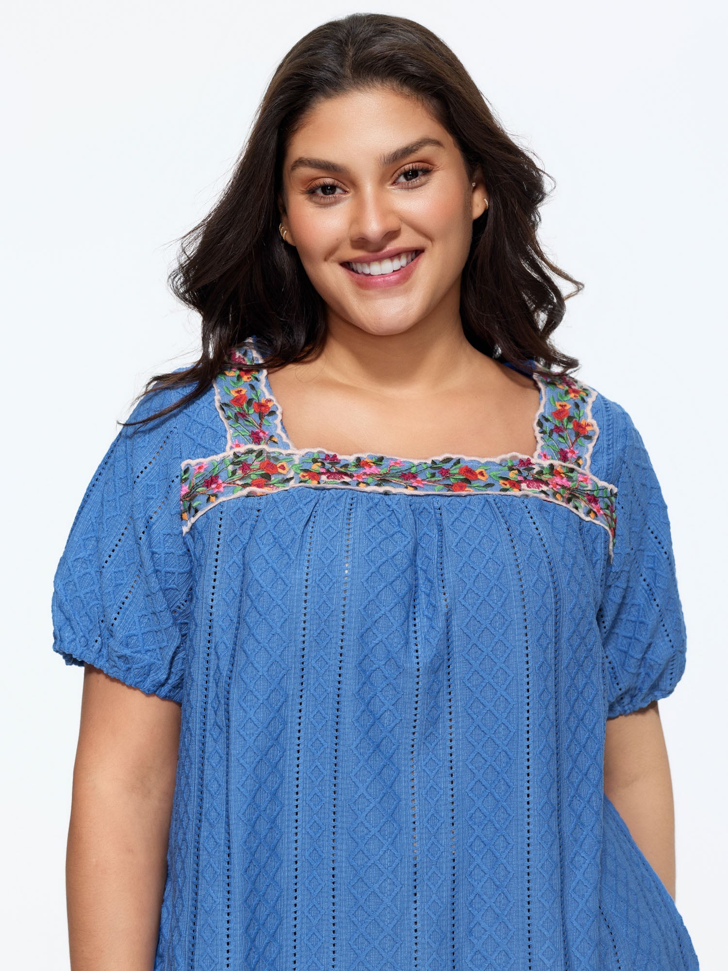Eyelet Trim Floral Embroidered Solid T-Shirt
