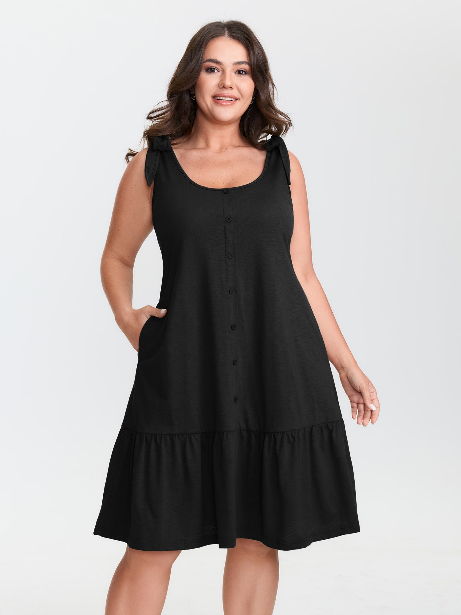 Ruffle Hem Tie Shoulder Pockets Sleeveless Dress