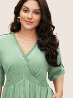 V Neck Shirred Contrast Webbing Split Side Dress