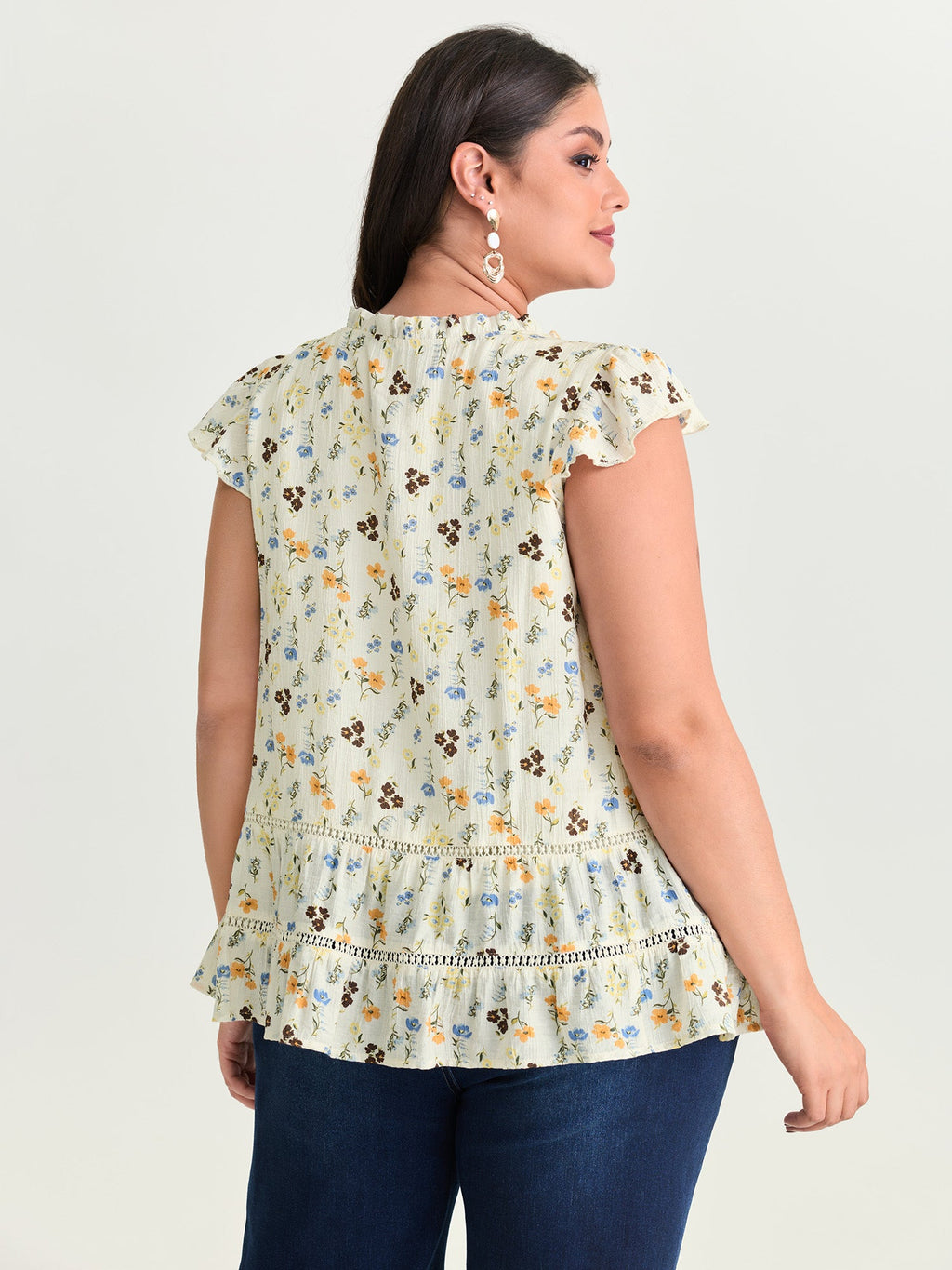 Floral Print Ruffled Detail Lace Blouse