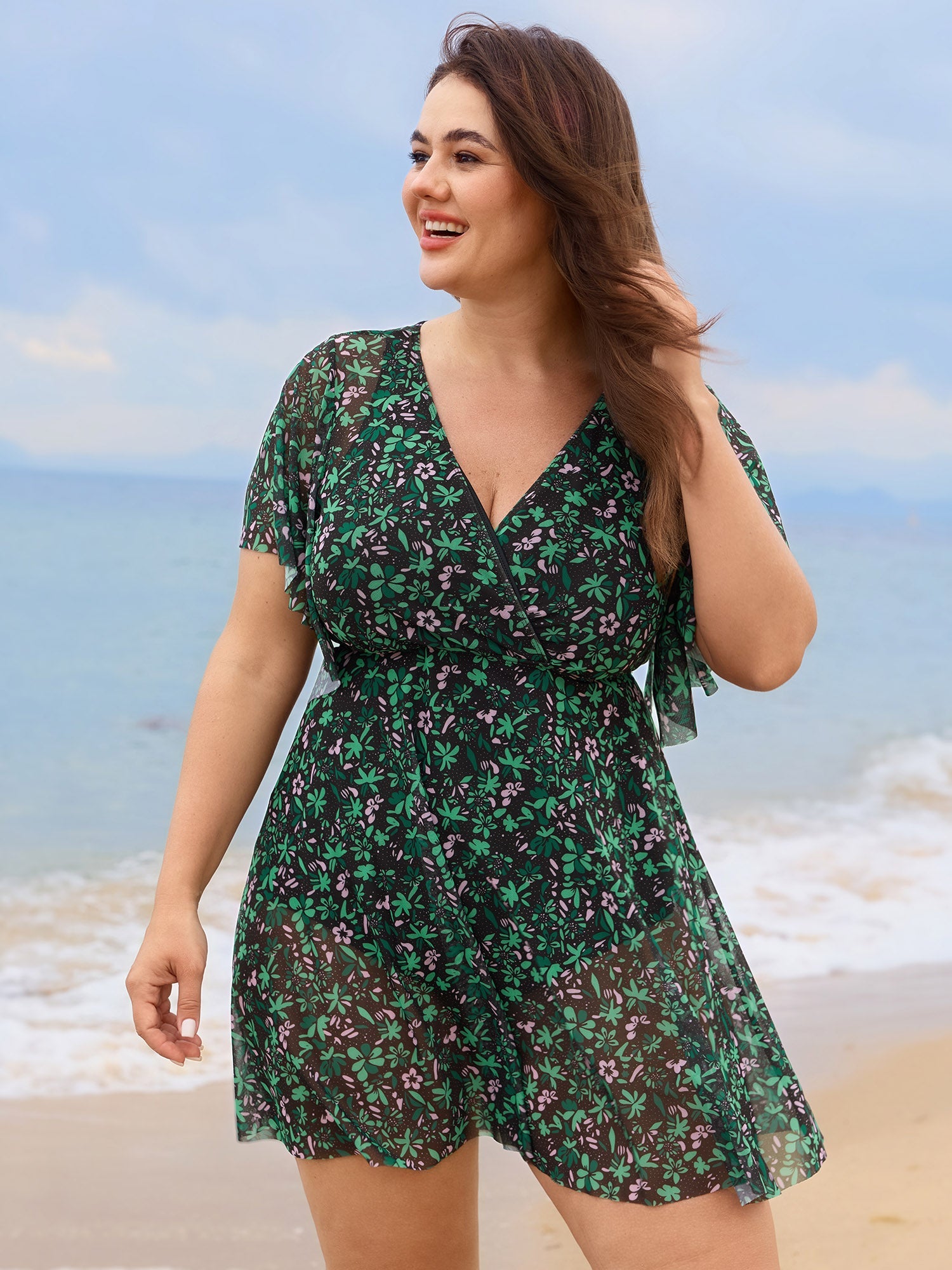 Colorful Sheer Floral Print Swim Dress
