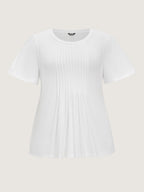Cotton Toothpick Pleated Plain Flared Sleeve T-Shirt