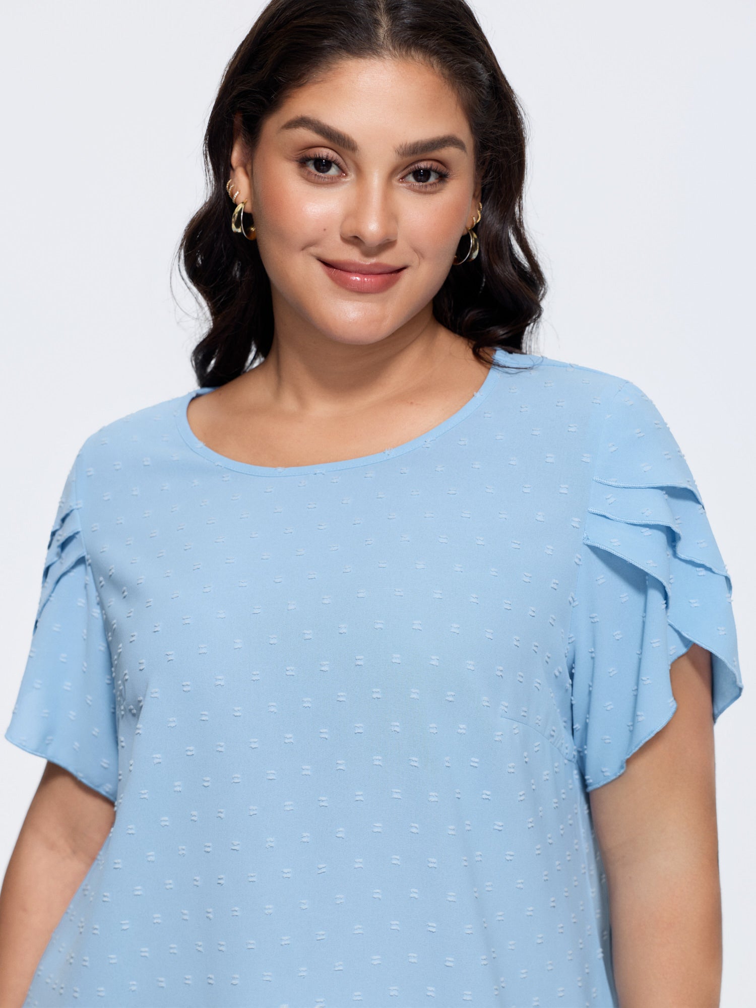 Textured Color Contrast Petal Sleeve Blouse