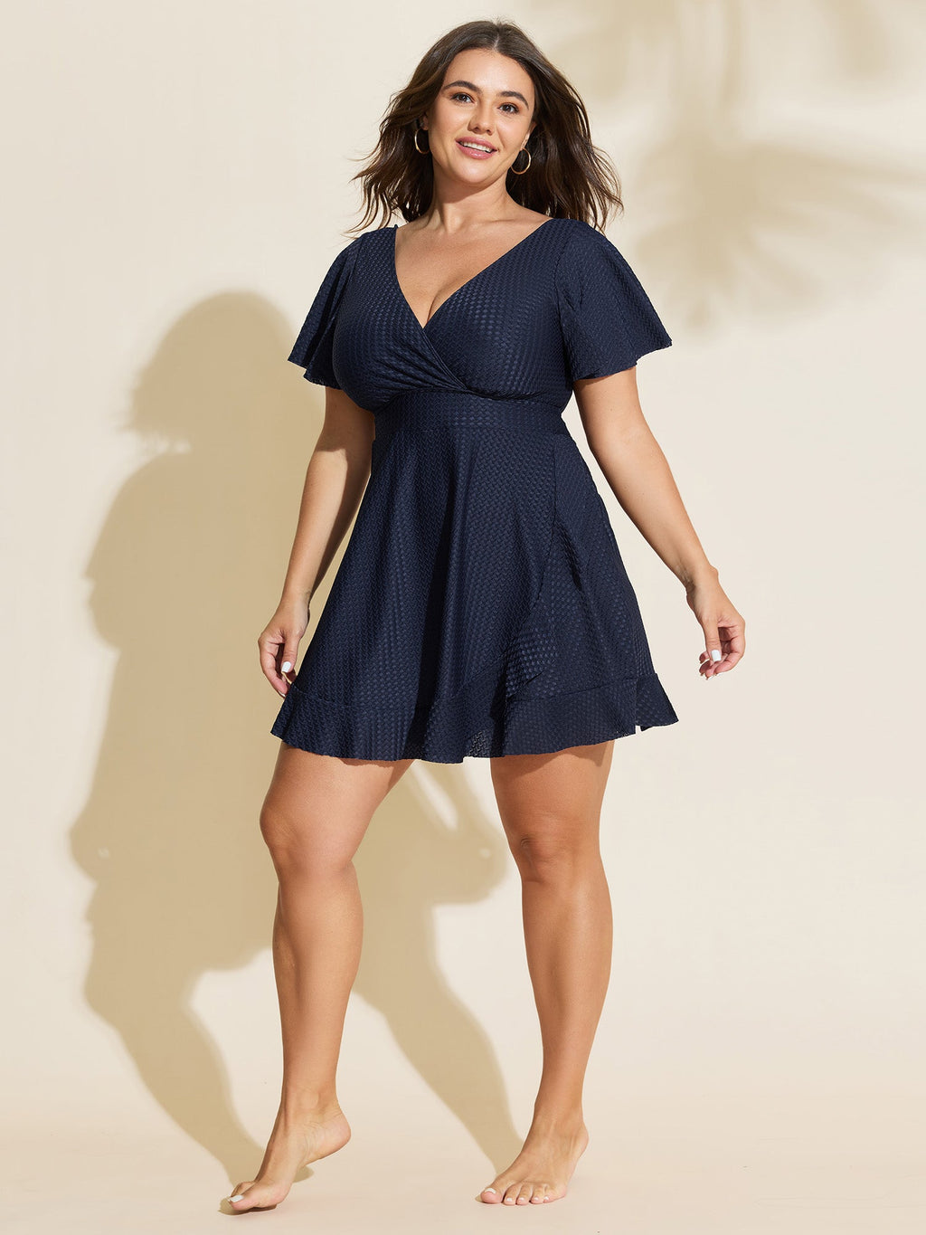 Textured V-Neck Ruffled Sleeve Swim Dress