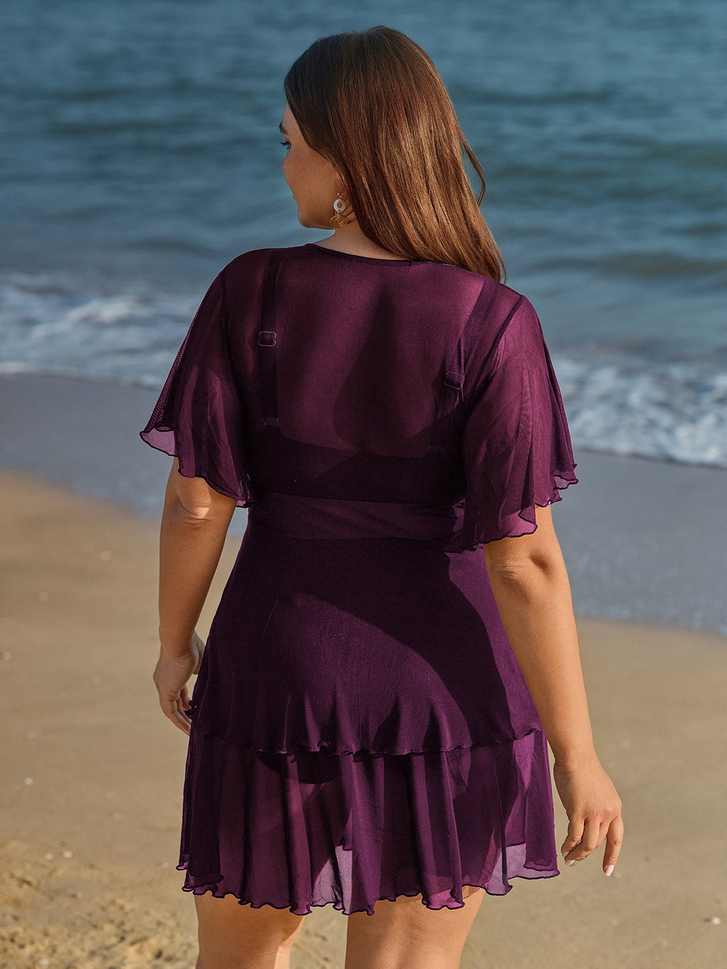 Sheer Ruffled Sleeve Layered Swim Dress