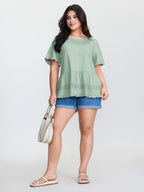 Lace Trim Ruffled Hem Plain Knit Top