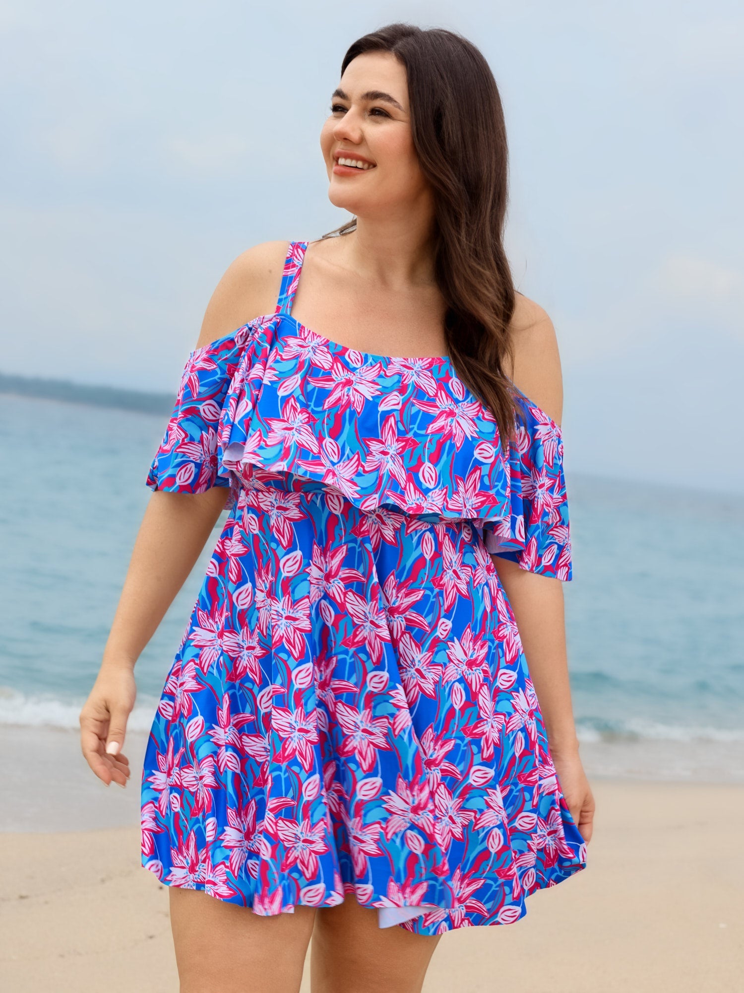 Floral Ruffle Trim Off Shoulder Pockets Swim Dress