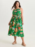 Large Floral Print Halter Neckline Midi Dress