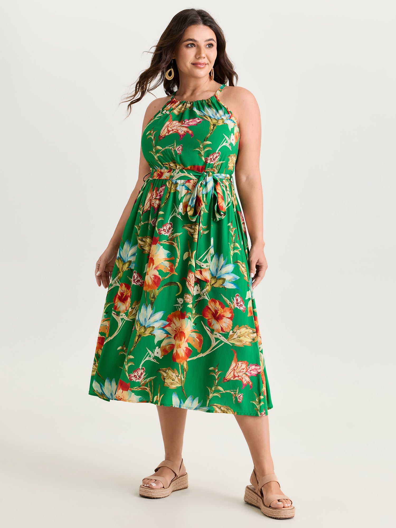 Large Floral Print Halter Neckline Midi Dress