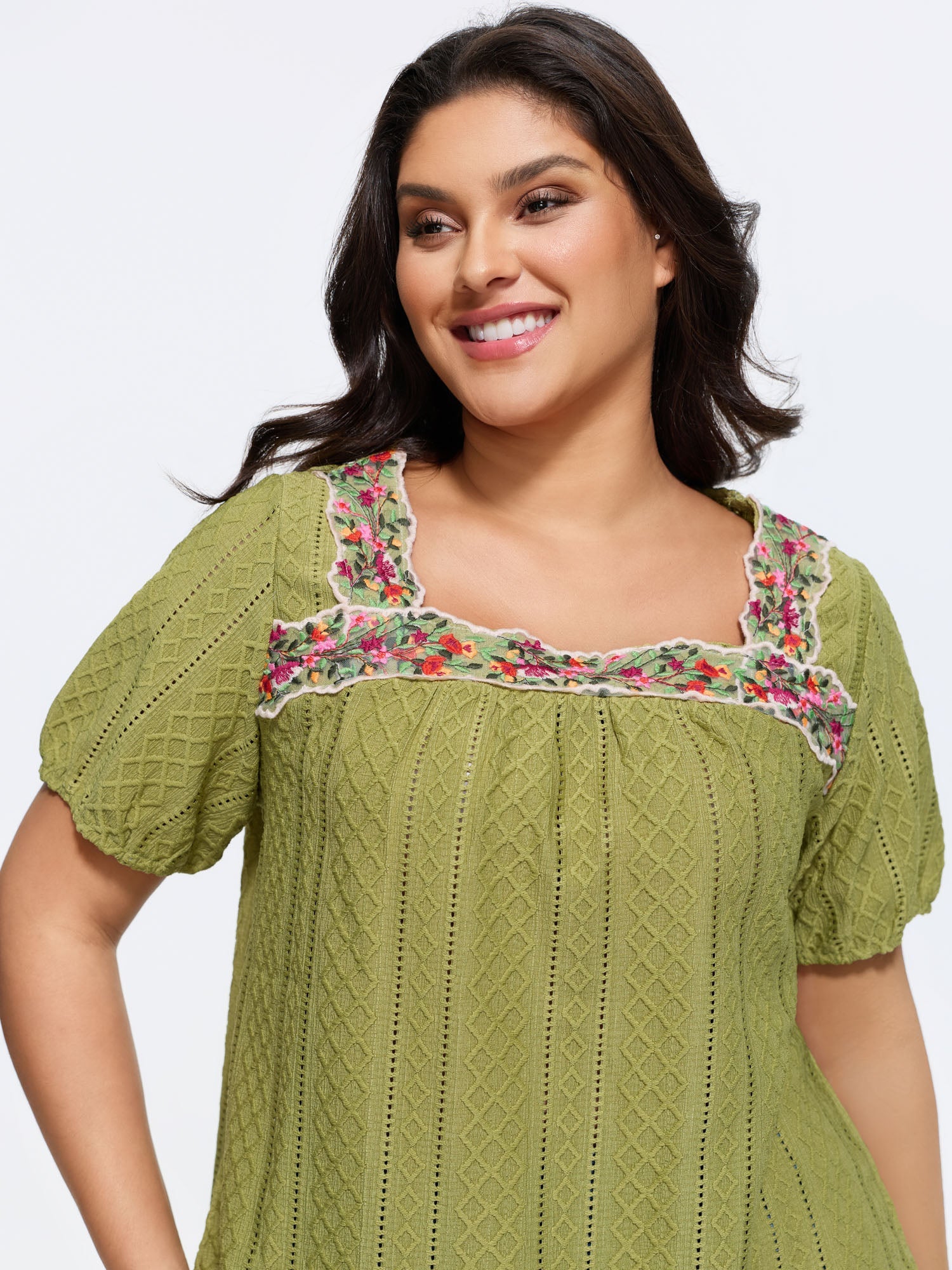 Eyelet Trim Floral Embroidered Solid T-Shirt