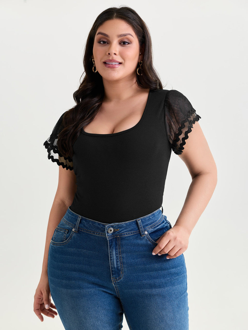 Sheer Ruffled Sleeve Square Neck Knit Top