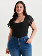 Sheer Ruffled Sleeve Square Neck Knit Top