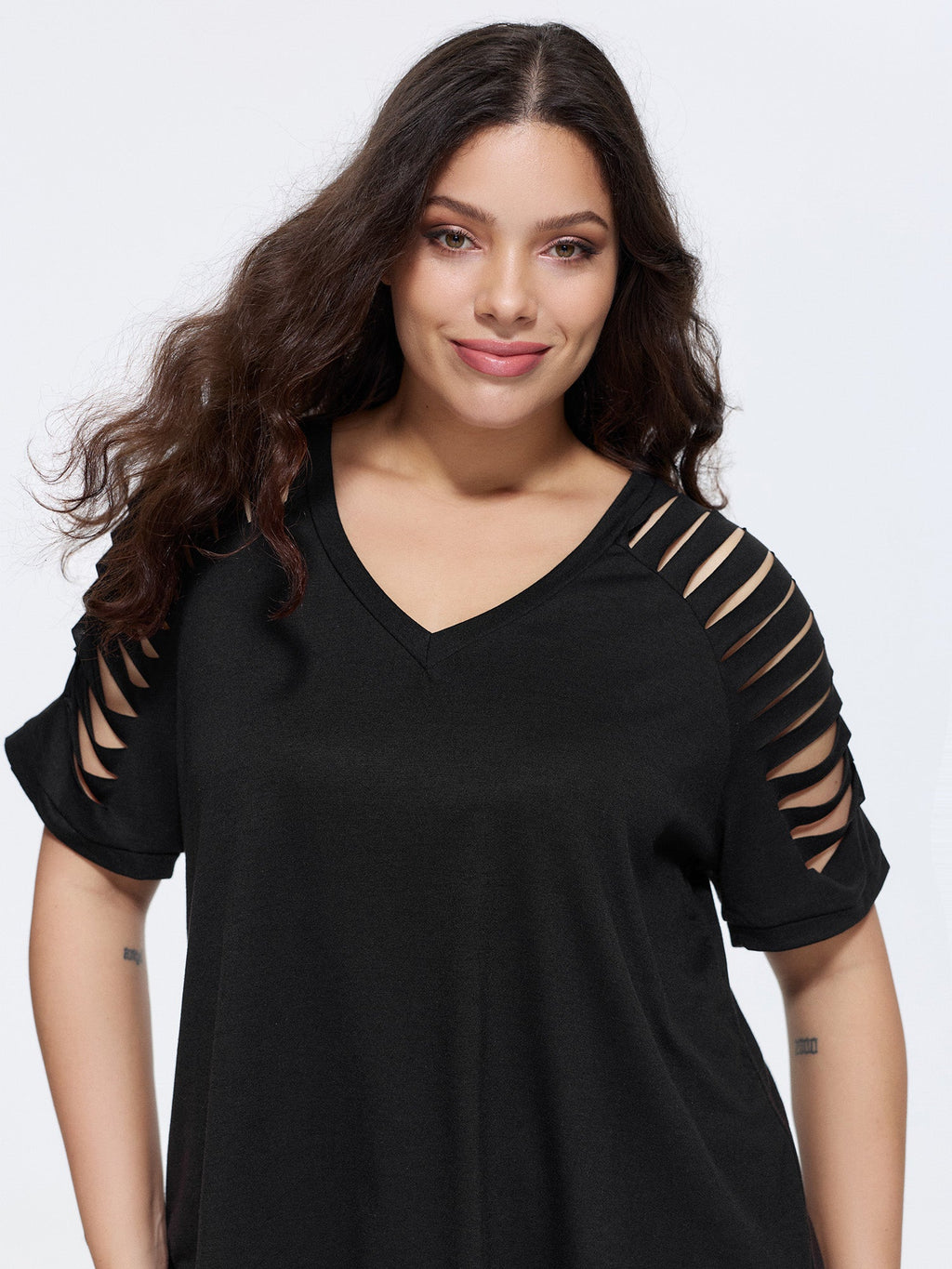 Cut-Out Sleeve V Neck T-Shirt