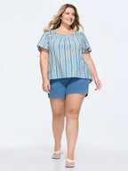 Striped Print Shirred Neckline Blouse