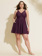 Sheer Lace Neckline Pockets Swim Dress