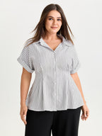 Striped Print Cinched-Waist Button-Down Shirt
