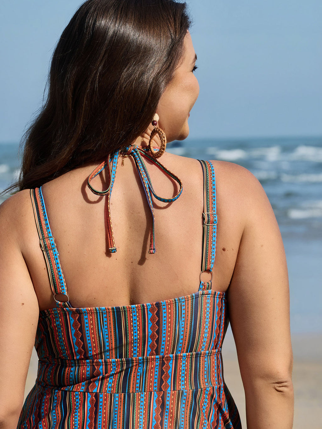 Anti-Float Ties Stripe Print Swim Dress