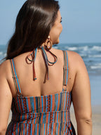 Anti-Float Ties Stripe Print Swim Dress