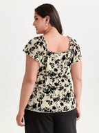 Flocked Floral Drawstring Neckline Knit Top
