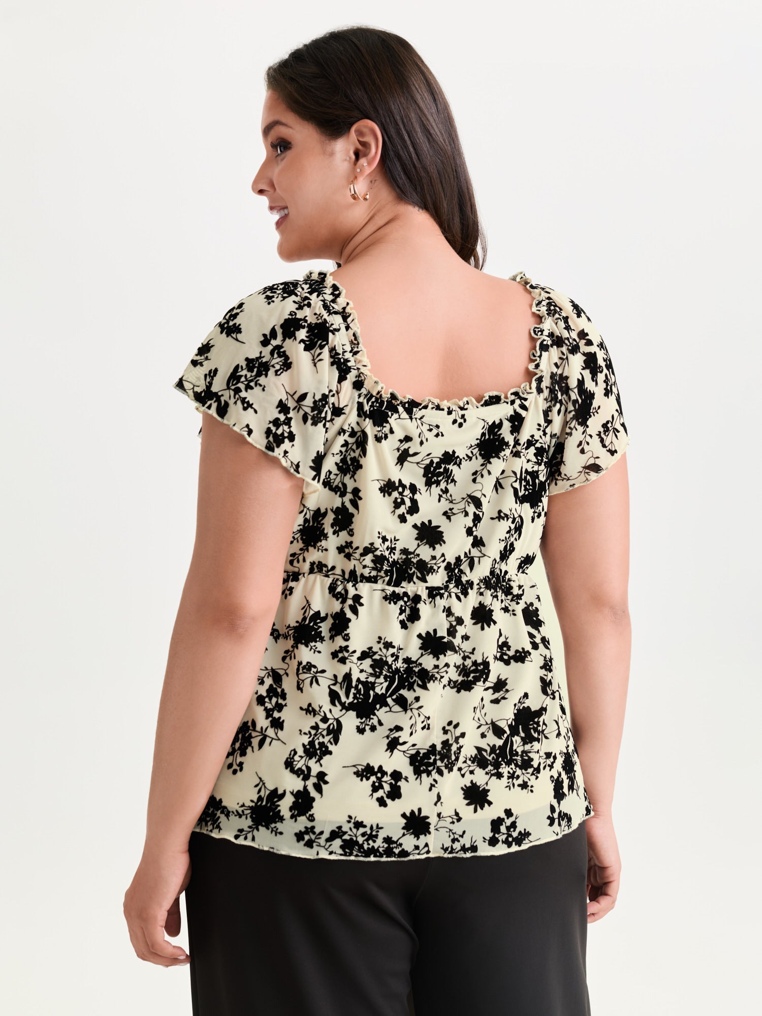 Flocked Floral Drawstring Neckline Knit Top