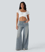 FlexTM Low Rise Drawstring Washed Casual Baggy Jeans with Pockets